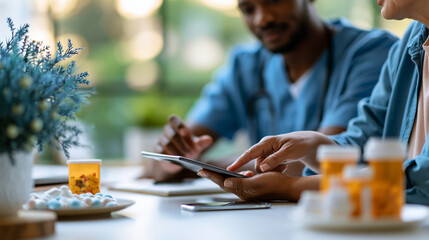 Fototapeta premium Over the shoulder view of a caregiver and older adult reviewing a medication reminder app on a tablet at a bright table medication management concept aging in place digital