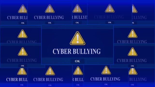 Cyber Bullying  Alert Warning Error Window Pop-up Notification Box On Black Screen. digital Glitch Computer Monitor screen. 4k video animation on black background.