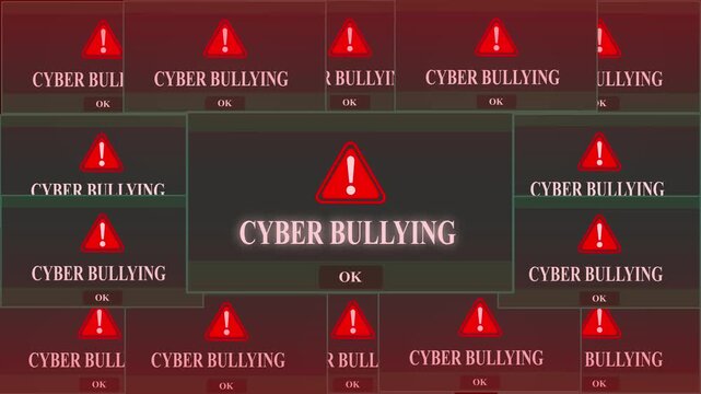 Cyber Bullying  Alert Warning Error Window Pop-up Notification Box On Black Screen. digital Glitch Computer Monitor screen. 4k video animation on black background.