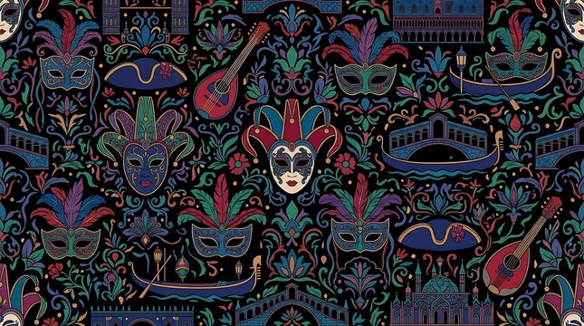 Ornate masquerade seamless pattern with venetian masks and gondolas
