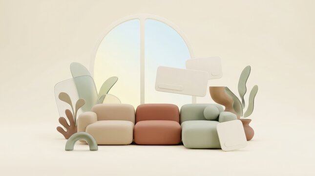 Minimalist 3D interior with blank booking card forms and modern furniture