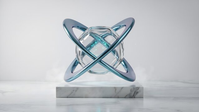 Translucent AI core with quantum wave on marble pedestal &ndash; Perfect for modern technology, machine learning, or luxury branding.
