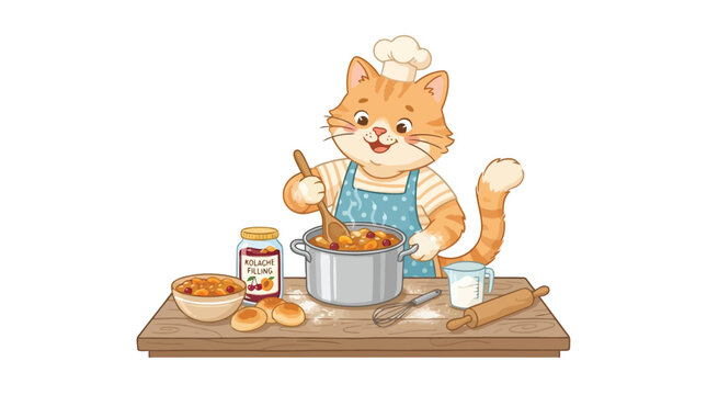 Cute orange tabby cat chef cooking kolache filling in kitchen vector illustration
