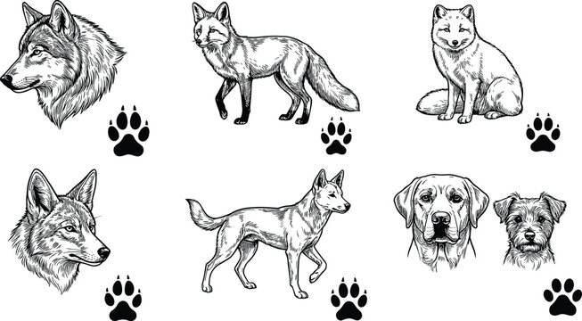 Vintage hand drawn engraving sketch icon set of wild canines and domestic dogs including wolf fox coyote dingo and prints