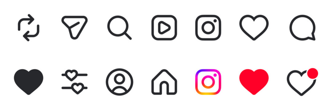 Instagram icons for social media icon set, with home, search, profile, reel, video, photo, grid, preference، like icon, symbol ; social media notification icons, repost like comment share icon