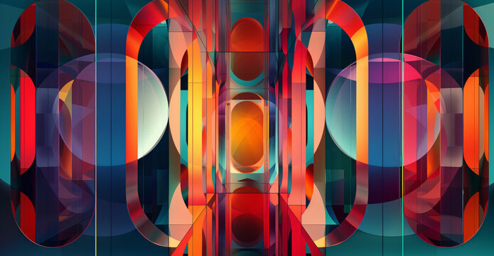 Vivid abstract illustration with geometric layered patterns.