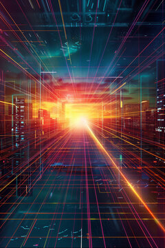 Abstract urban perspective with vibrant digital lights.