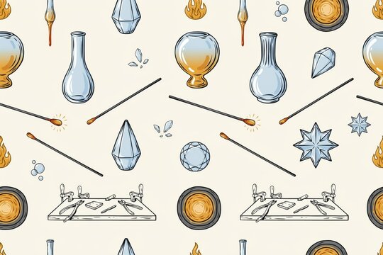 Seamless pattern featuring glass blowing equipment, glass vases, crystal shapes, fire, and tools on a light cream background, for artistic crafts