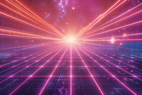 Bright horizon lines in a colorful virtual reality landscape.