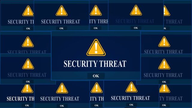 Security Threat Alert Warning Error Window Pop-up Notification Box On Black Screen. Digital Glitch Computer Monitor screen. 4k video animation on black background.	