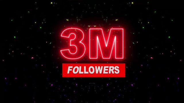 Thank you 3M followers. 3,000 followers realistic neon sign on the black background animation. neon 3M  Follower neon Text And Firework Animation Subscribers. 4K footage motion animation...