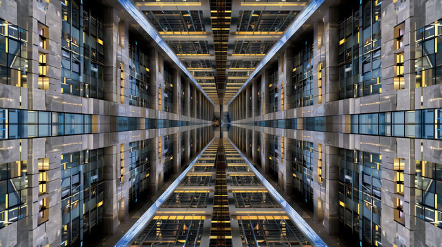 Symmetrical view inside a modern architectural building.