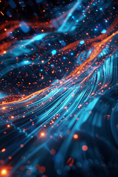 Blue fiber optic cables with glowing particles.