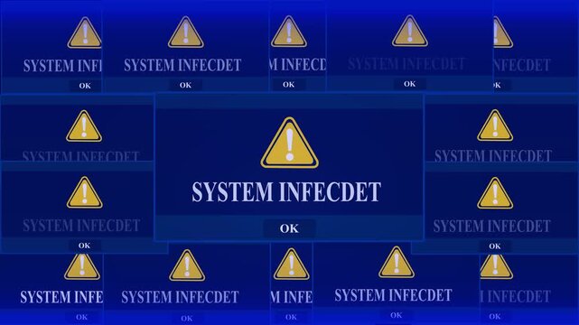 System Infected Alert Warning Error Window Pop-up Notification Box On Black Screen. Digital Glitch Computer Monitor screen. 4k video animation on black background.	