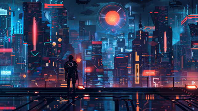Lone figure overlooking a futuristic cityscape at night.