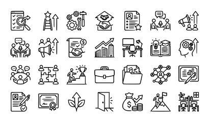 Fototapeta premium Job Search Outline Icon Set with Career Work Recruitment Training Business and Employment Line Symbols