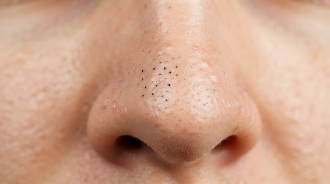Close-up of human nose skin with visible blackheads and texture