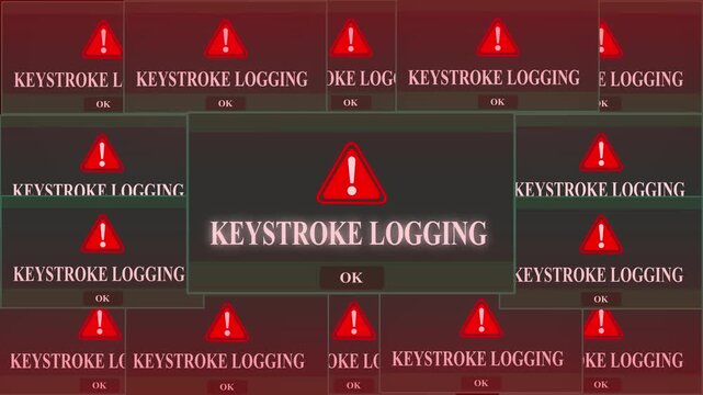Keystroke Logging  Alert Warning Error Window Pop-up Notification Box On Black Screen. Digital Glitch Computer Monitor screen. 4k video animation on black background.	