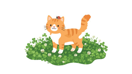 Fototapeta premium Cute orange tabby cat standing in patch of green clover with small ladybug on top of its head