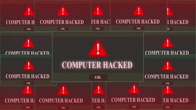 Computer Hacked  Alert Warning Error Window Pop-up Notification Box On Black Screen. Digital Glitch Computer Monitor screen. 4k video animation on black background.	