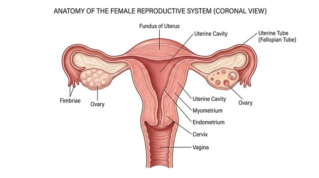 Educational illustration of human female reproductive system coronal view