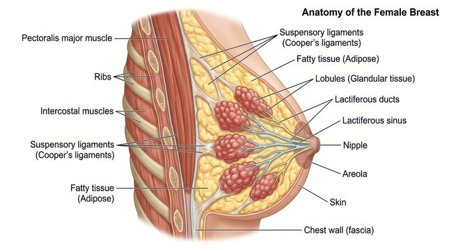 Anatomy of the female breast with internal structure labels