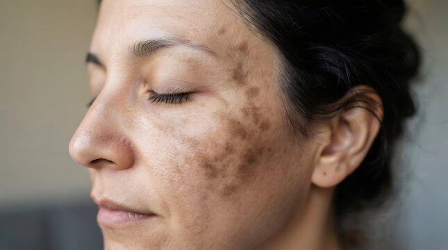 Close-up of woman's face with hyperpigmented skin, neutral expression