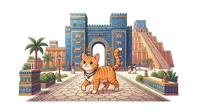 Cute orange cat walking in front of Ishtar Gate of Babylon ancient ruins flat vector illustration