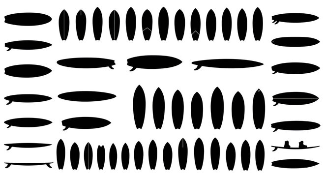 Collection of Black Surfboard and Wakeboard Silhouettes on White Background