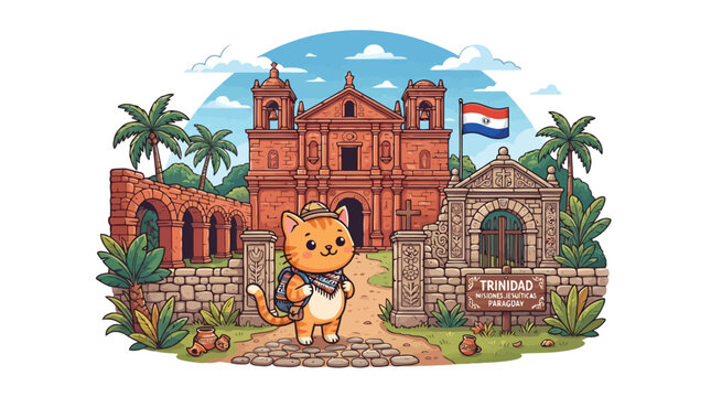 Cute cat explorer with backpack in front of Jesuit ruins of Trinidad Paraguay vector illustration