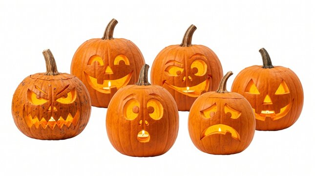 Group of six carved Halloween pumpkins with glowing candles inside on white background