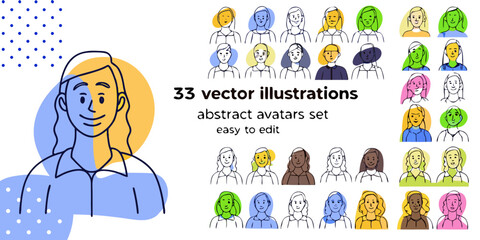 Abstract vector illustration set of diverse profile portraits with colorful outlines and geometric shapes © Lelin