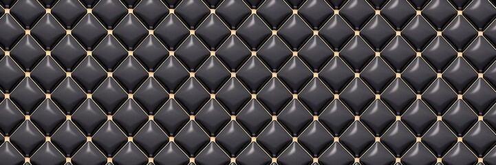 Obraz premium A black quilted leather texture background, featuring a diamond, pattern with small, gold studs at, each intersection, creating, a and surface, for various applications