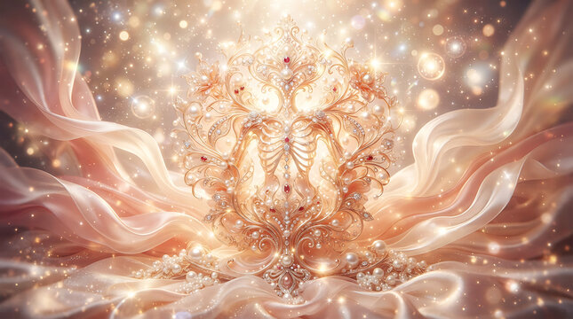Golden ornate structure with embedded pearls and swirling patterns
