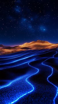 Glowing sand dunes with electric blue energy lines against a starry night sky a digital rendering desert landscape art render computer graphics
