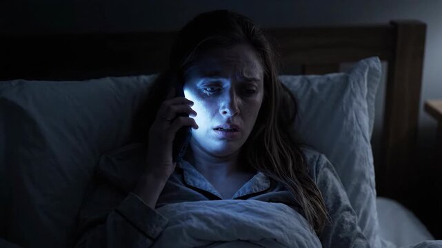 Anxiety night insomnia woman phone blue worry stress bedroom darkness sleepless fear late screen glow bed pillow blanket fatigue exhausted tired