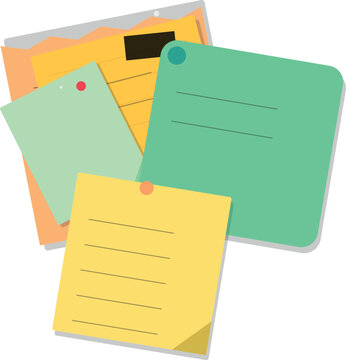Colorful sticky notes and memo papers stacked together for office work and reminders in flat style