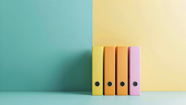 Colorful office binders standing on shelf against pastel background with copy space