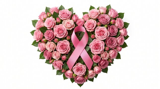 Pink Roses Heart Shape with Awareness Ribbon for Breast Cancer Support