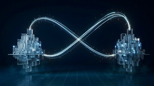 Identical glass cities connected by data beams in void &ndash; Great for meta verse, digital duplicate, or global communication.
