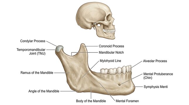 Human mandible bone anatomy diagram with skull context and labels, mandible