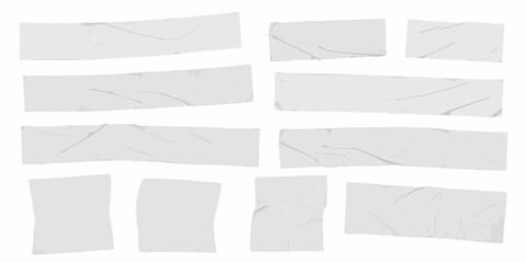 Fototapeta premium Crumpled Adhesive Tape Pieces On White Background Realistic Collection Of Torn Strips ripped