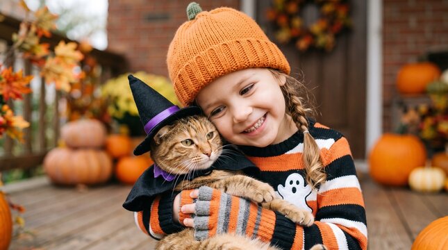 Happy Girl Hugs Cat Dressed as Witch for Halloween Celebration