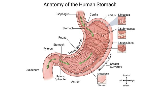 Anatomy of the human stomach interior wall layers and structure illustration