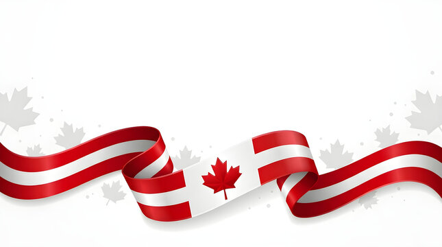 Canada Day celebration ribbon with maple leaf. Patriotic red and white festive decoration for national holiday events.