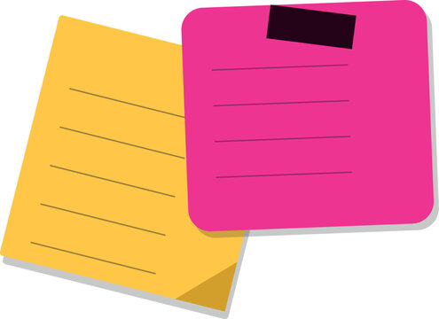 Pink and yellow sticky note paper sheets for writing reminders and office tasks in flat style