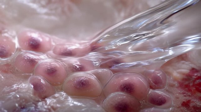 Close up pink cell nuclei under microscope showing biological tissue research with microscopic texture and fluid interaction science details