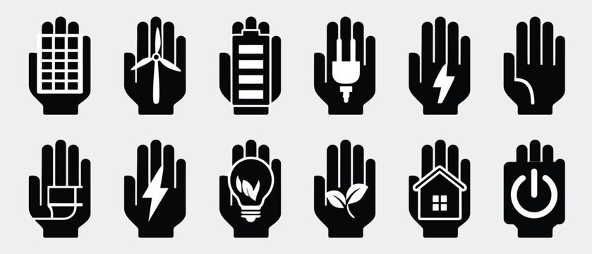 Sustainable energy icons set in human hand silhouettes, 12 renewable power vector elements, eco friendly green technology symbols for environment
