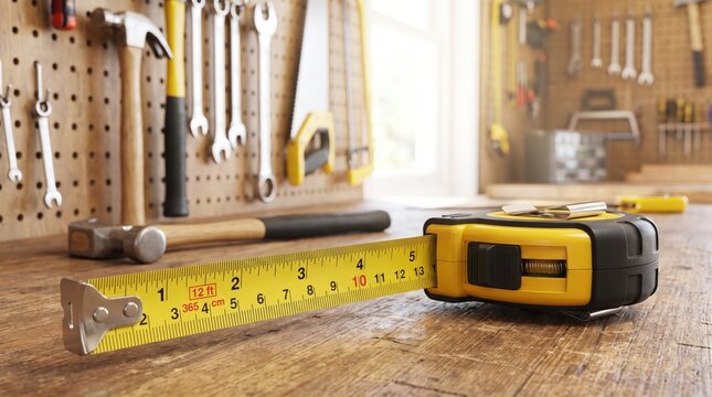 Tape measure on wooden boards for furniture building and home renovation, accurate measurements, construction planning, DIY woodworking.