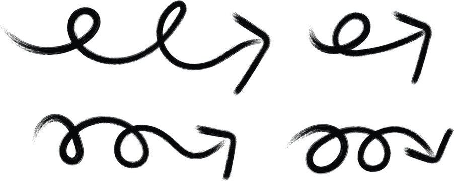 Black hand-drawn squiggly arrow icons set